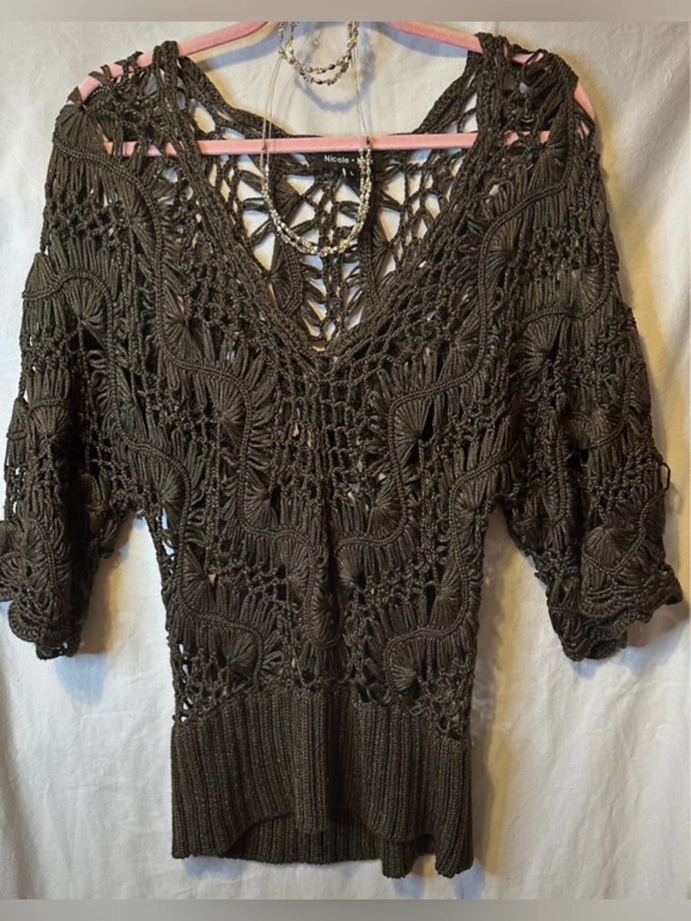 Nicole Max espresso brown Open Crochet V‑Neck Sweater